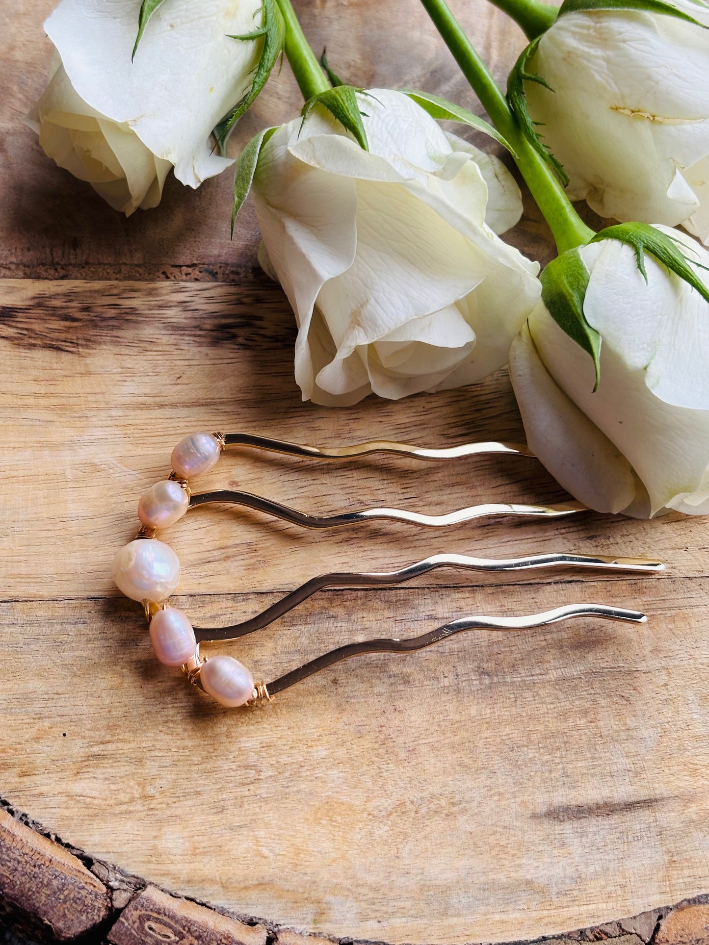 Large French hair pin featuring pink and white freshwater pearls