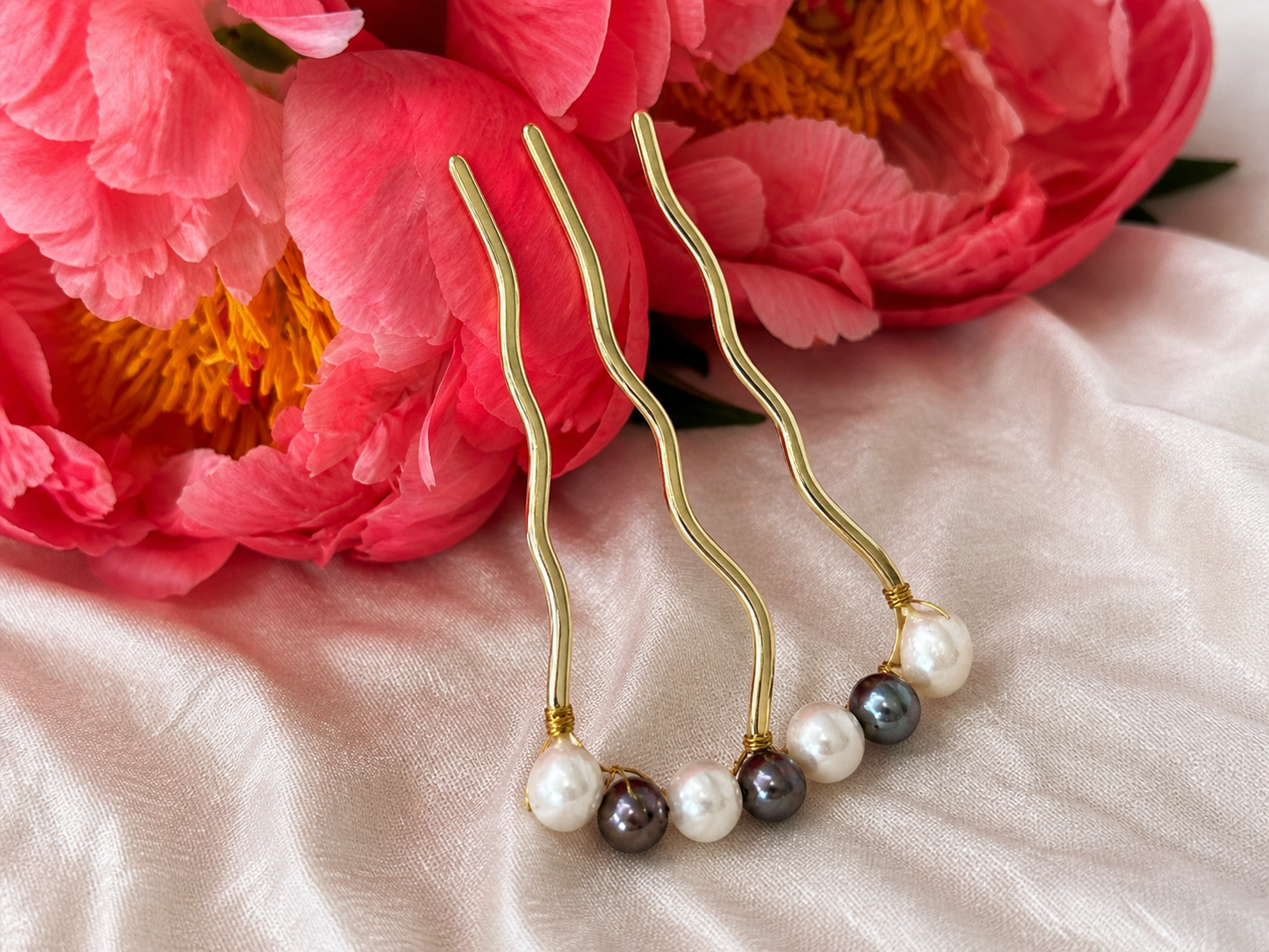 Large 14K Gold Plated French Hair Pin, Grey and White Freshwater Pearls