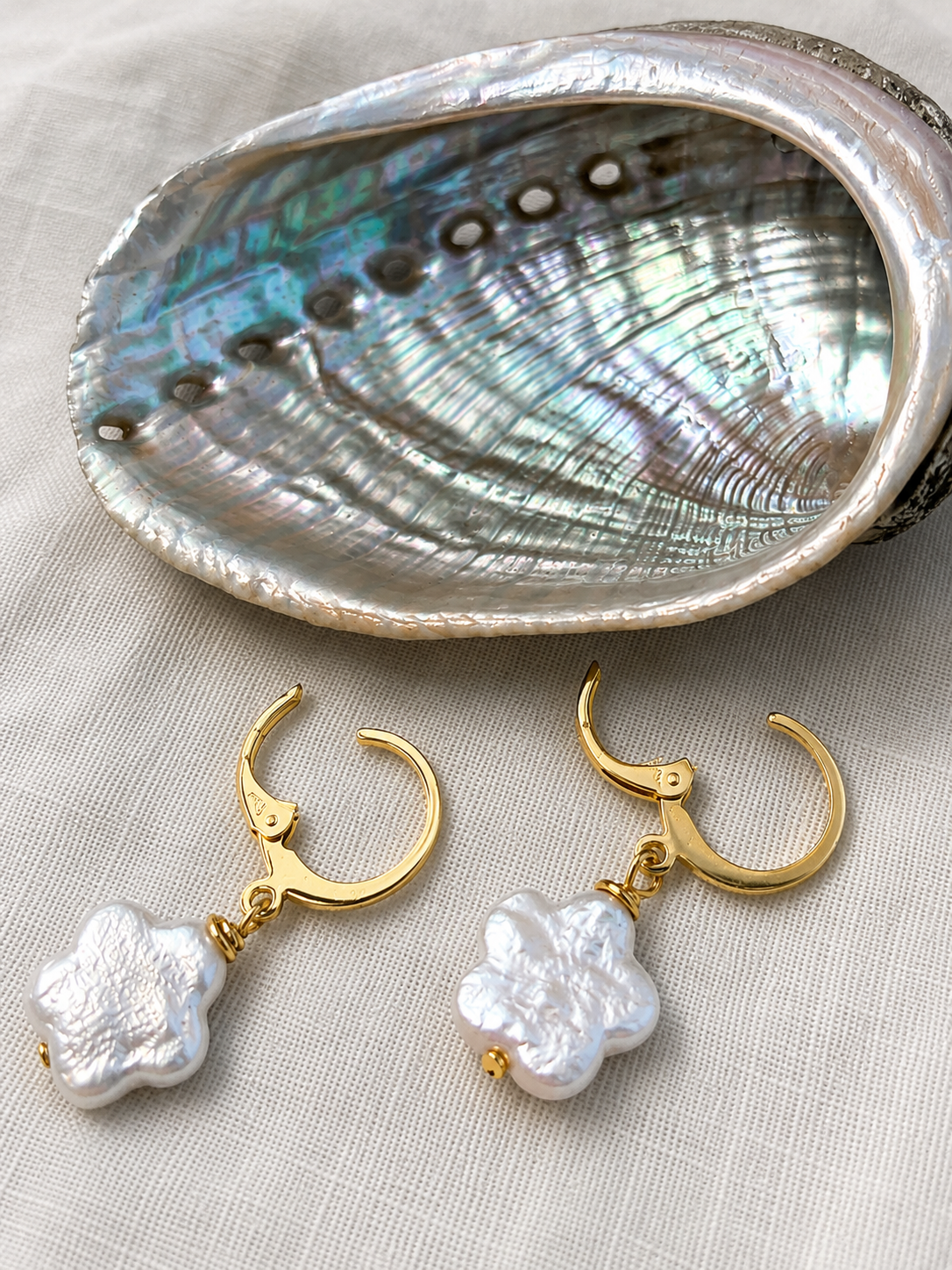 14K Gold plated flower freshwater pearl Huggies