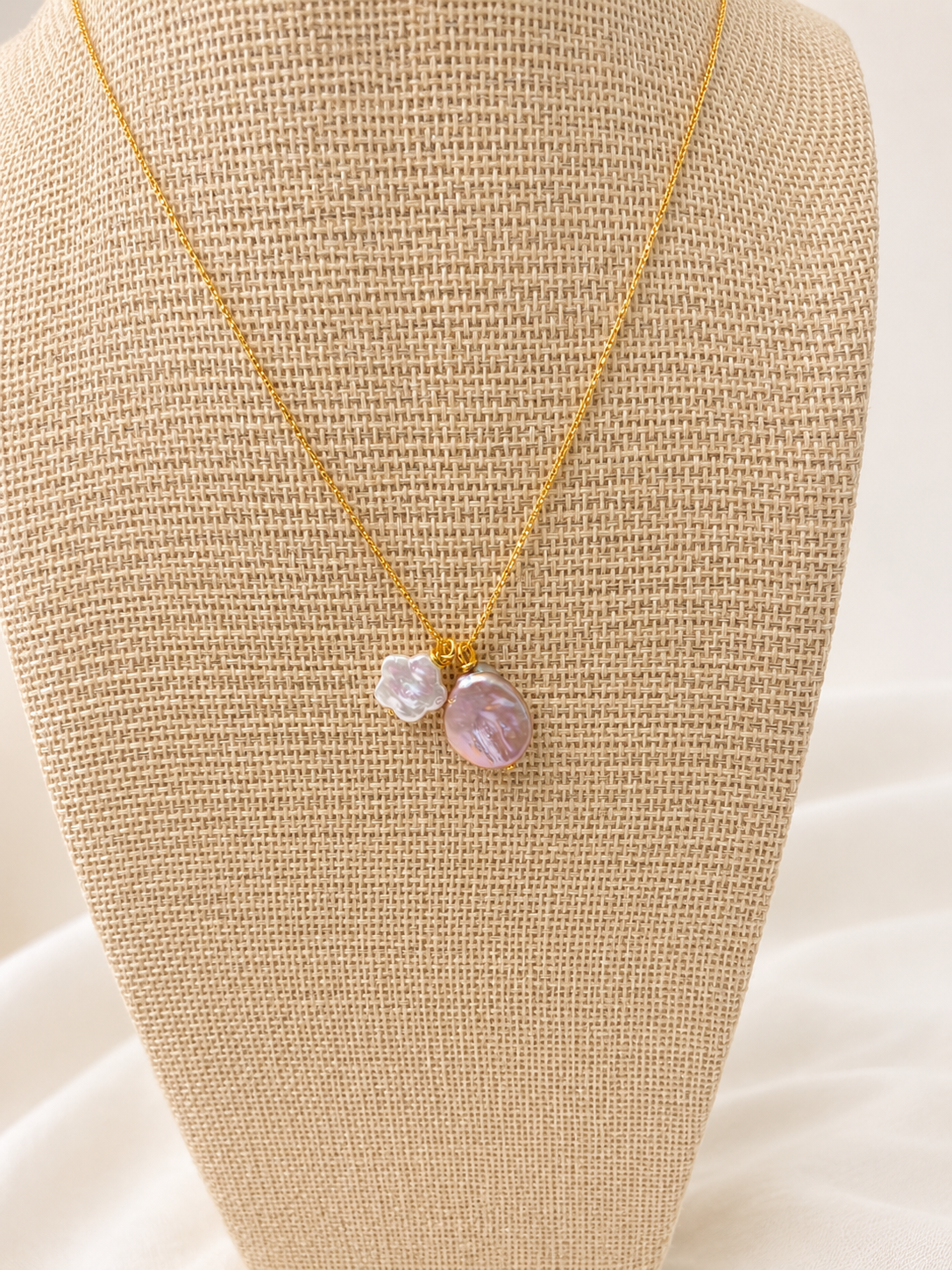 14K Gold Plated Pink Coin & White flower shaped freshwater pearl 18 inch necklace