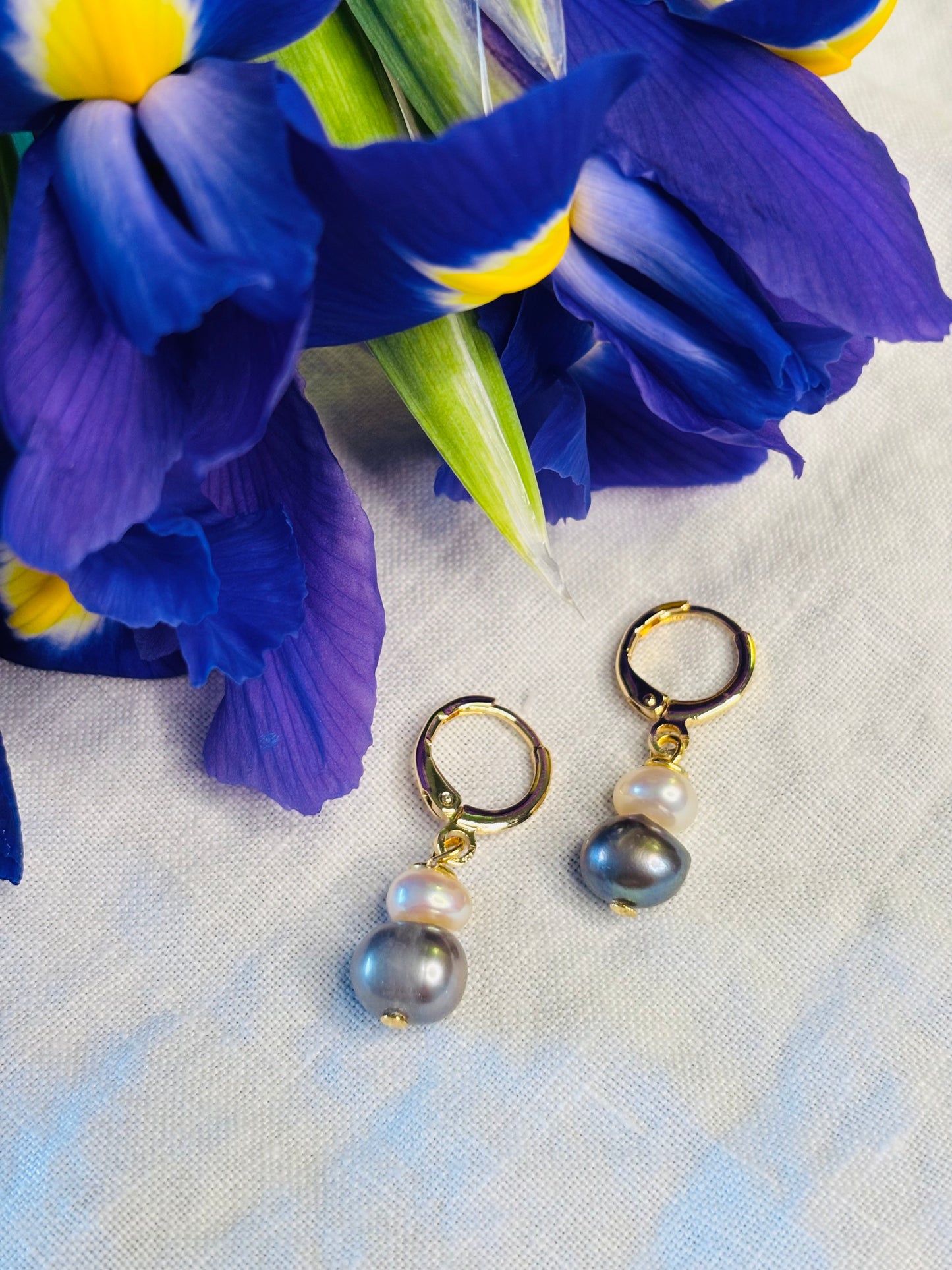 Petite Peach and Grey Freshwater Pearl Ear Huggie- 14K Gold-Plated