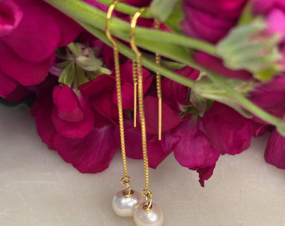 Gold filled ear thread chain white round freshwater pearl earring