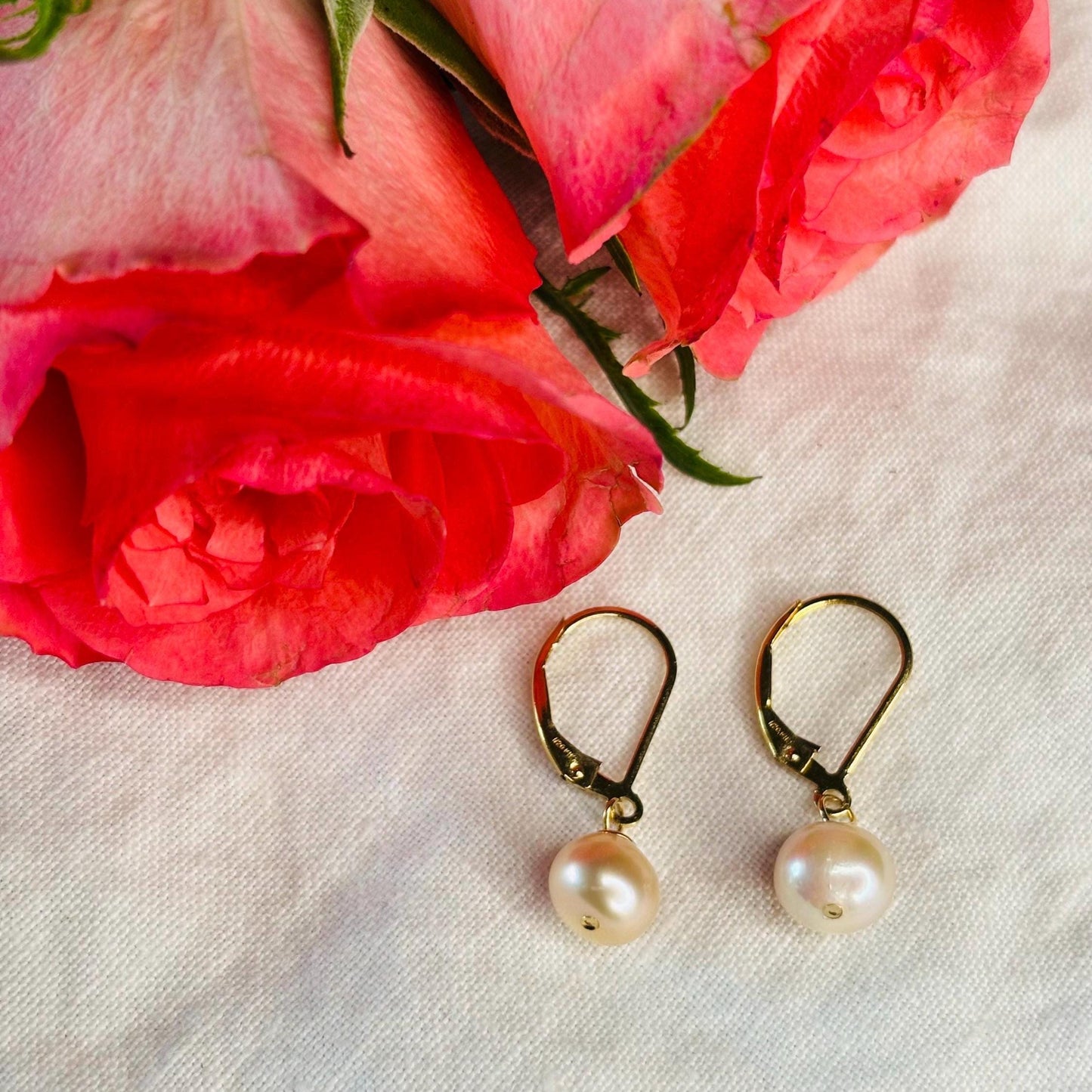 White Round 8mm Freshwater Pearl 14K Gold Filled Hallmarked Continental Earring