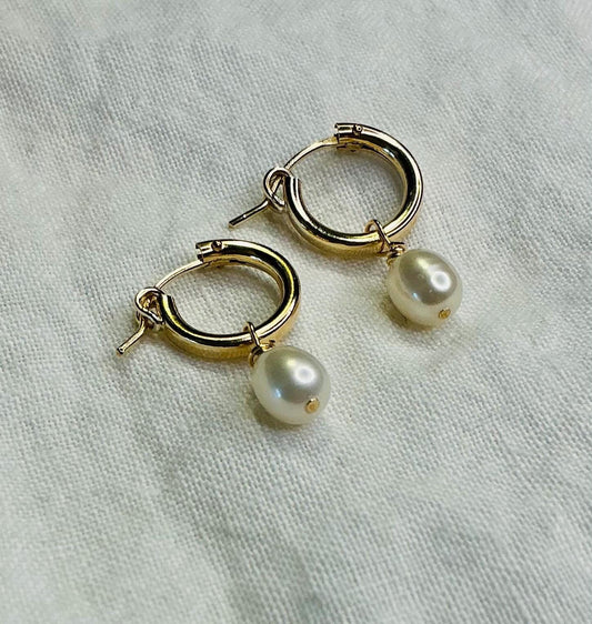 12mm Creole 14K Gold Filled Hoop, 3mm White Freshwater Pearl
