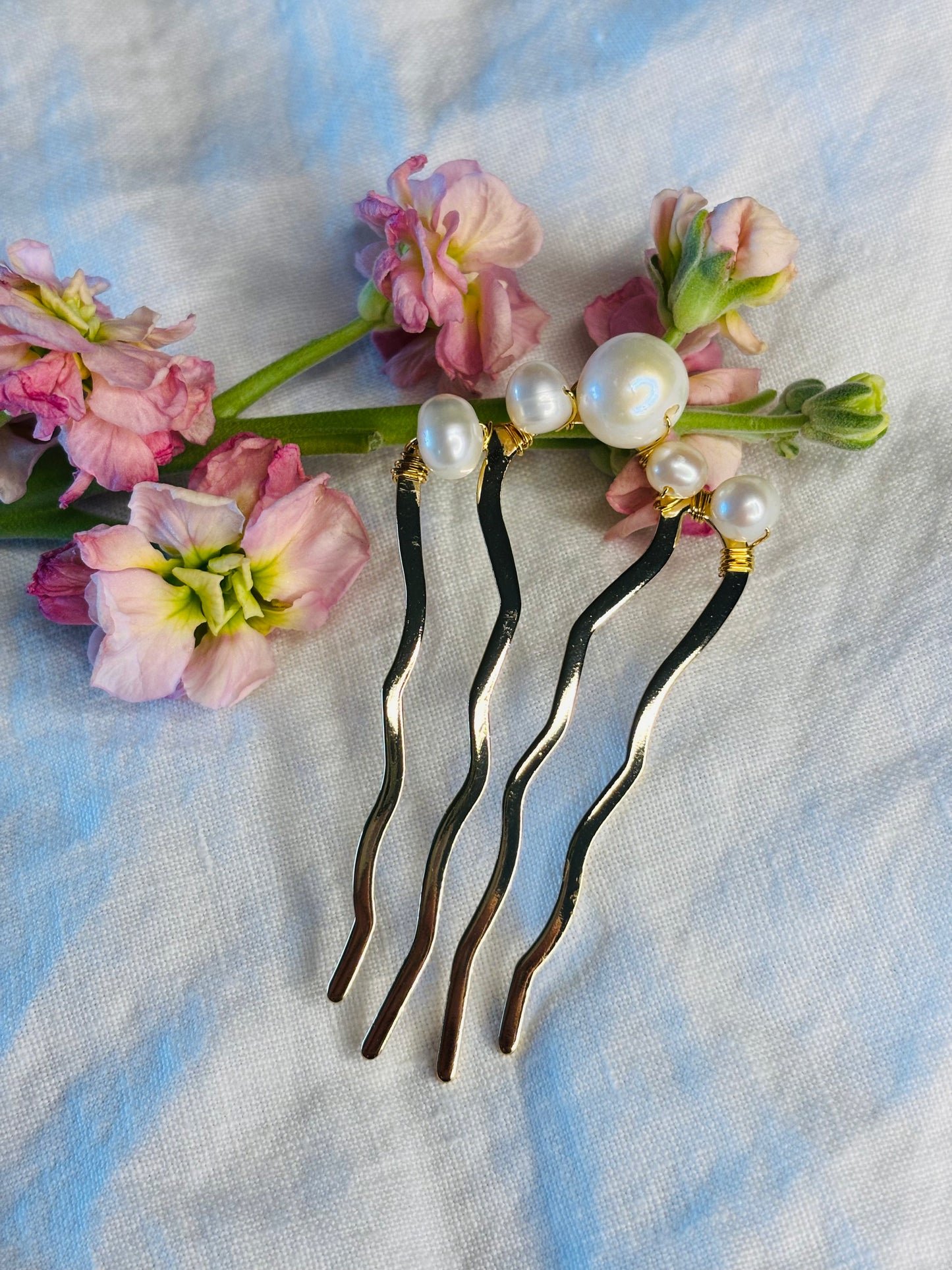 White Freshwater Pearl French hair pin, 14K Gold Plated