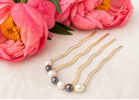 Large 14K Gold Plated French Hair Pin, Grey and White Freshwater Pearls