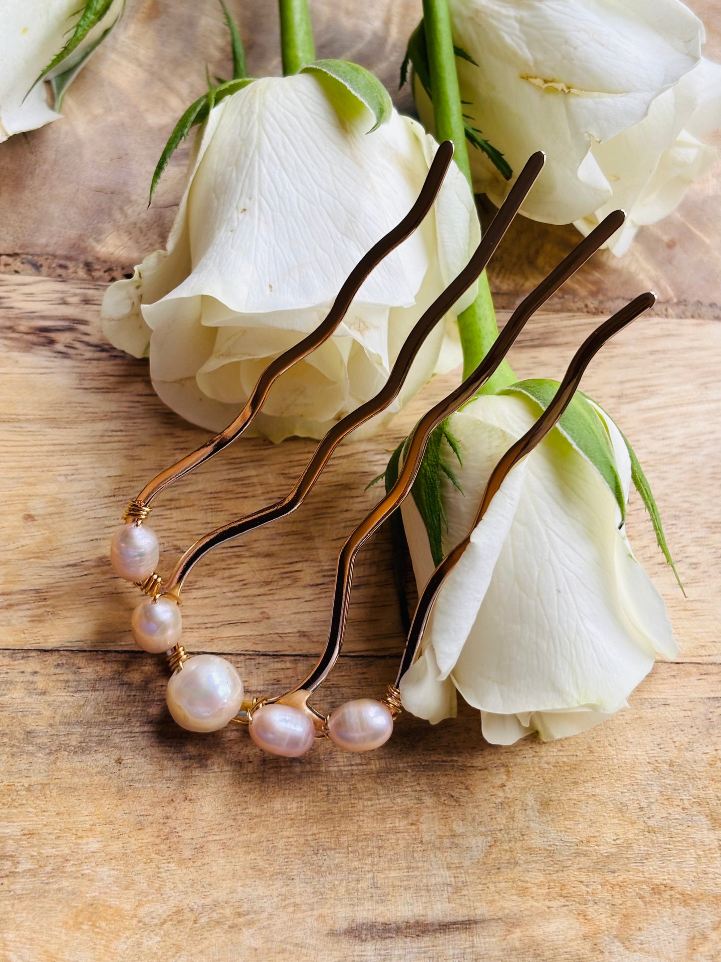 Large French hair pin featuring pink and white freshwater pearls