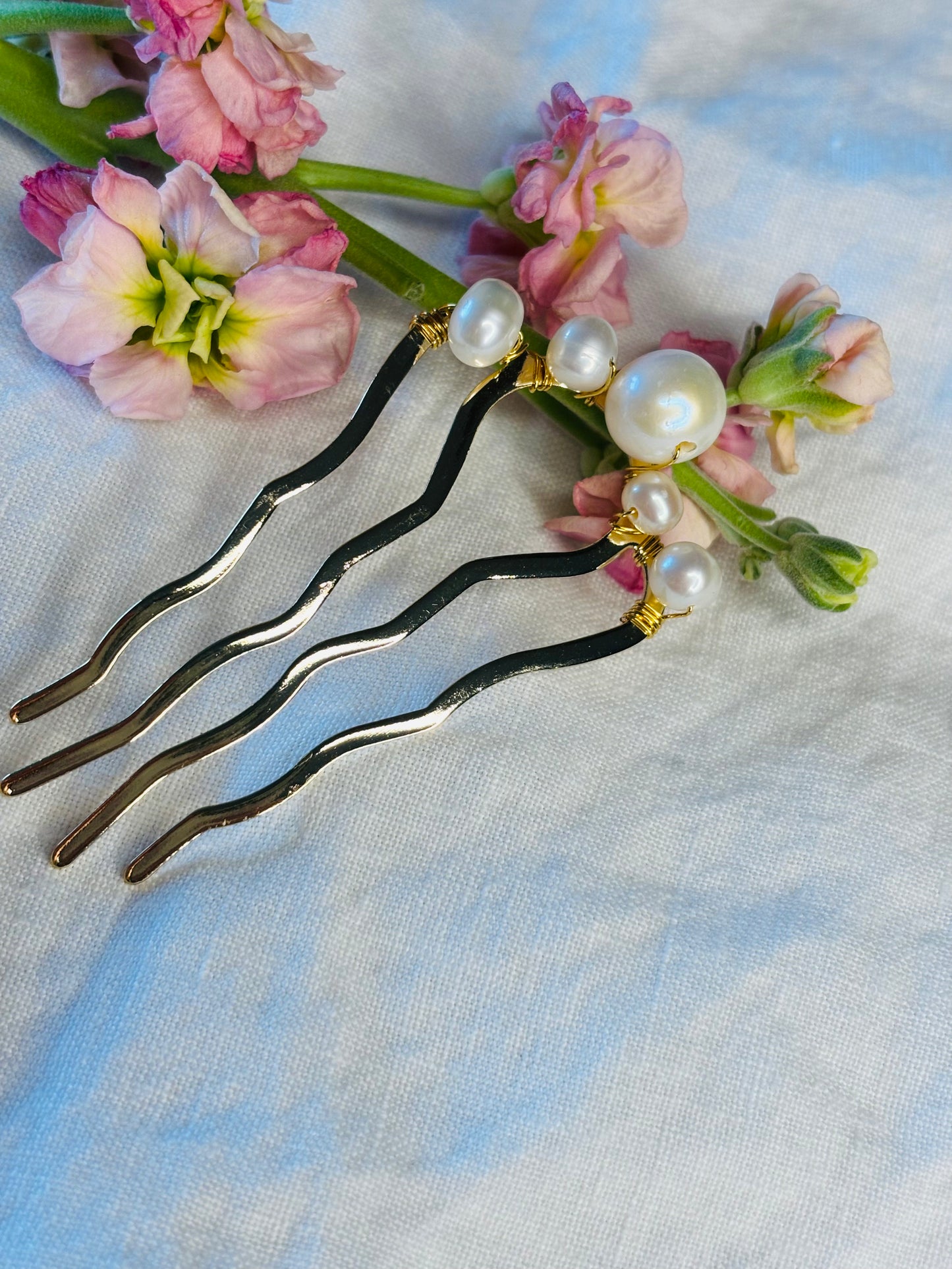 White Freshwater Pearl French hair pin, 14K Gold Plated