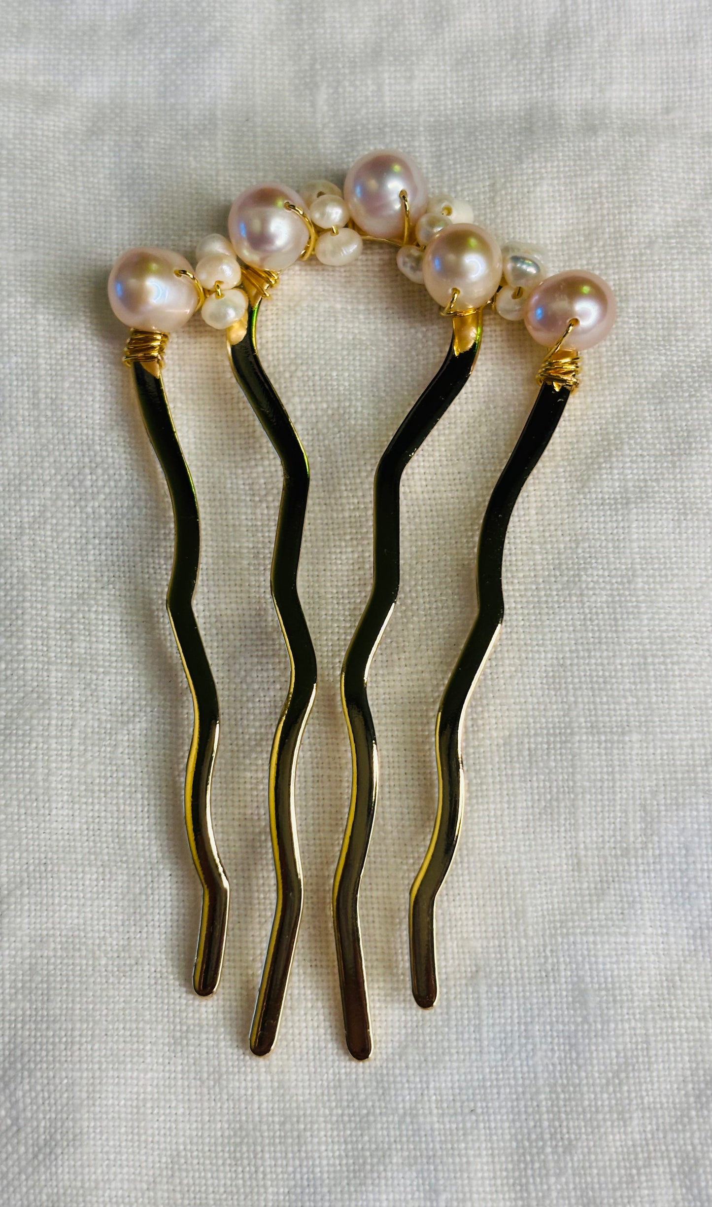 Medium Pink and White Seed Freshwater Pearl French hair pin, 14K Gold Plated