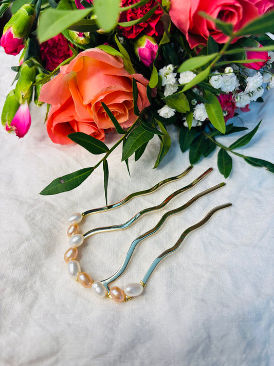 Large Pink and White Freshwater Pearl French Hair Pin- elegant French style hair