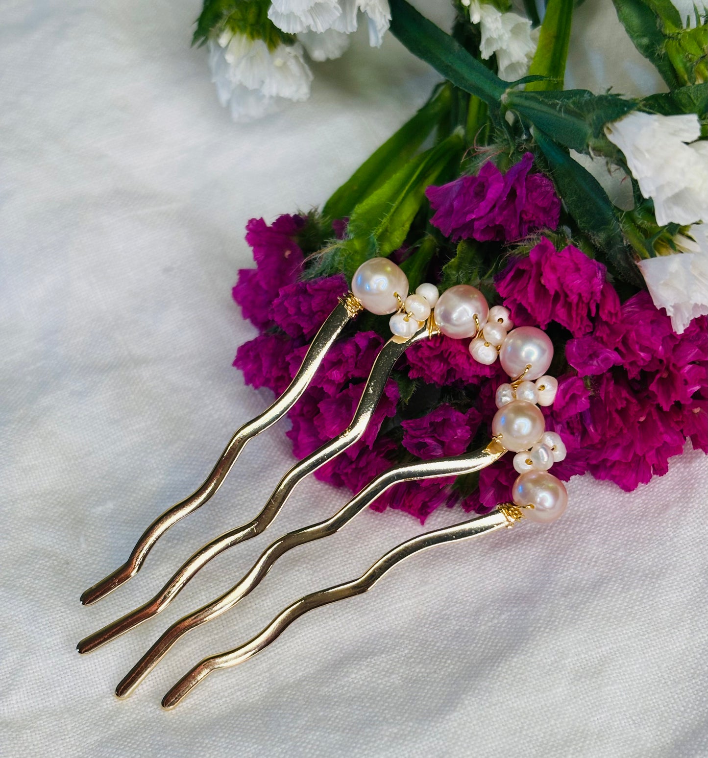 Medium Pink and White Seed Freshwater Pearl French hair pin, 14K Gold Plated