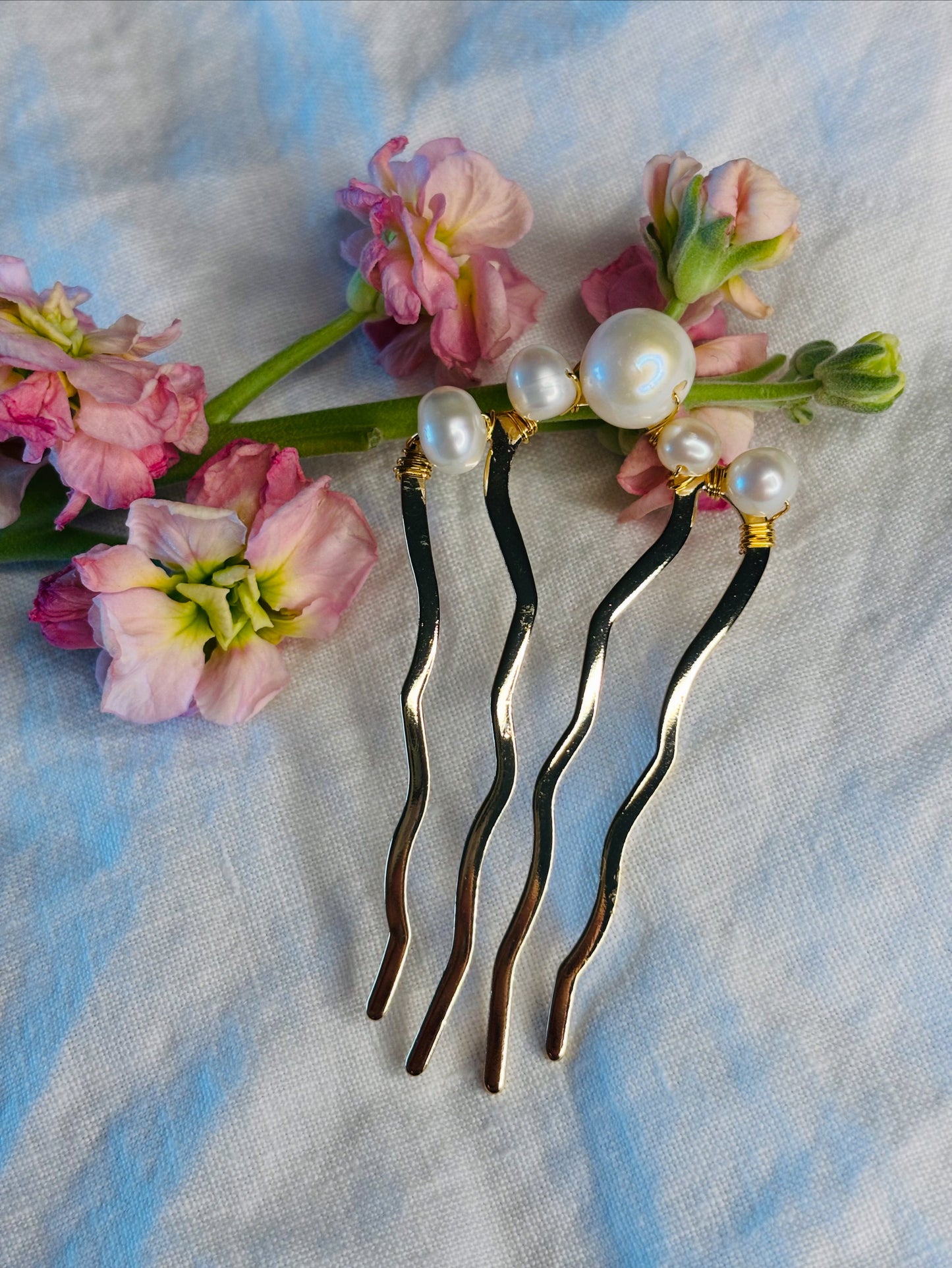 White Freshwater Pearl French hair pin, 14K Gold Plated