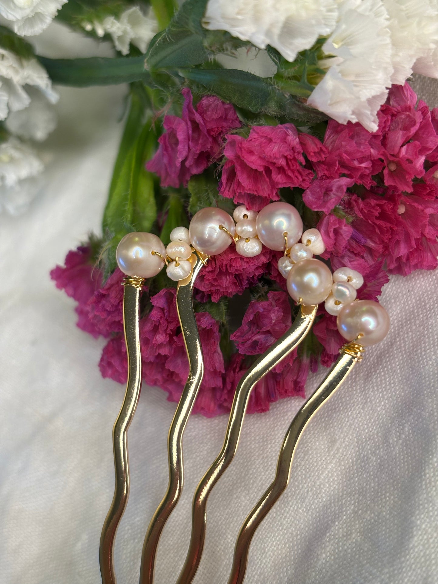 Medium Pink and White Seed Freshwater Pearl French hair pin, 14K Gold Plated