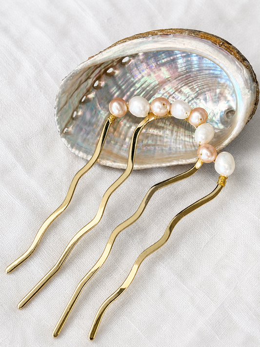 Large Pink and White Freshwater Pearl French Hair Pin- elegant French style hair