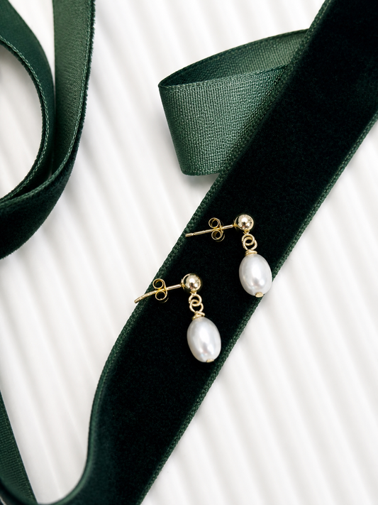 White Teardrop Freshwater Pearl 14K Gold Filled Hallmarked Studs