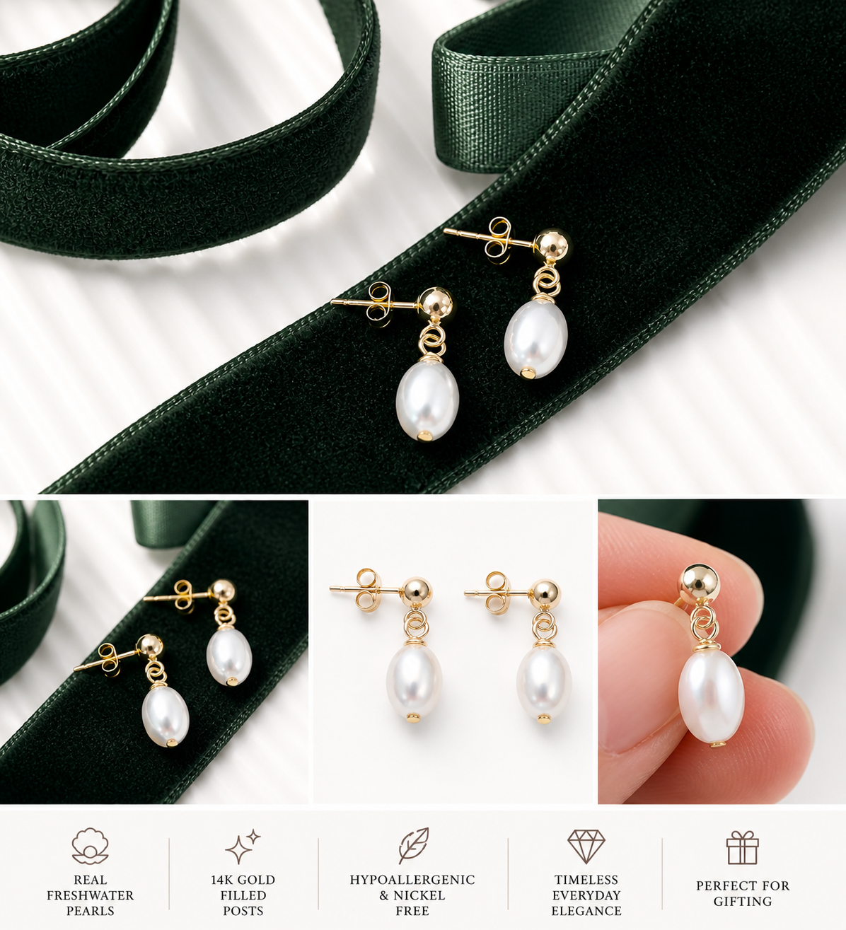 White Teardrop Freshwater Pearl 14K Gold Filled Hallmarked Studs