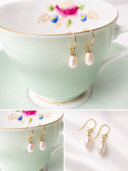 White teardrop Freshwater Pearl 14K Gold Filled Hallmarked Shepherds crook earrings