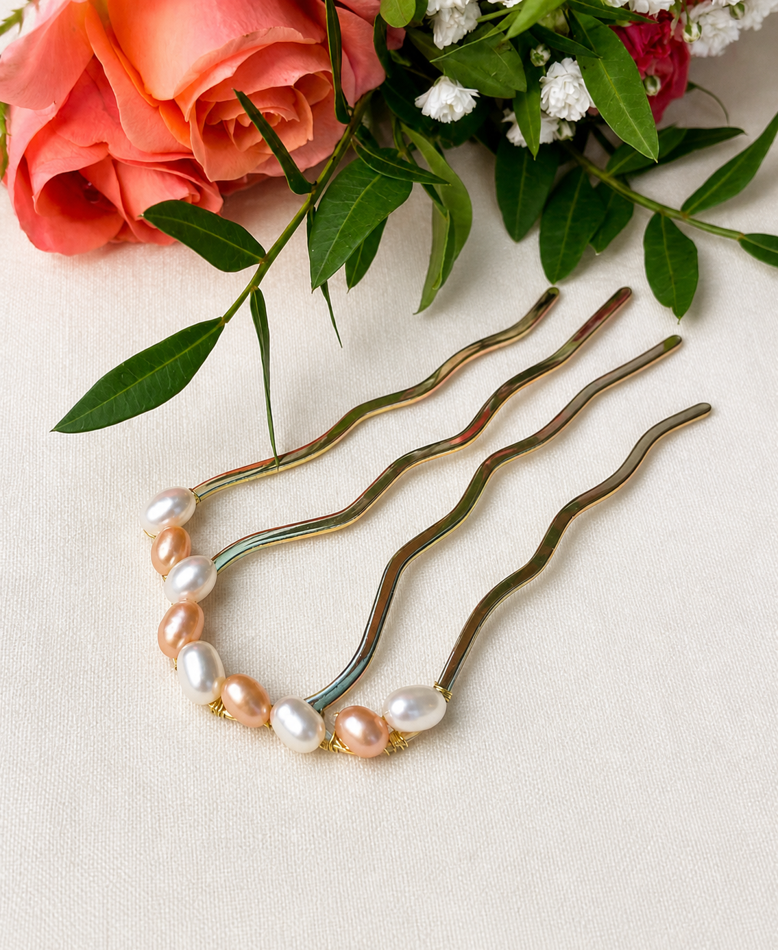 Large 14K Gold Plated French Hair Pin, Pink and White Freshwater Pearls