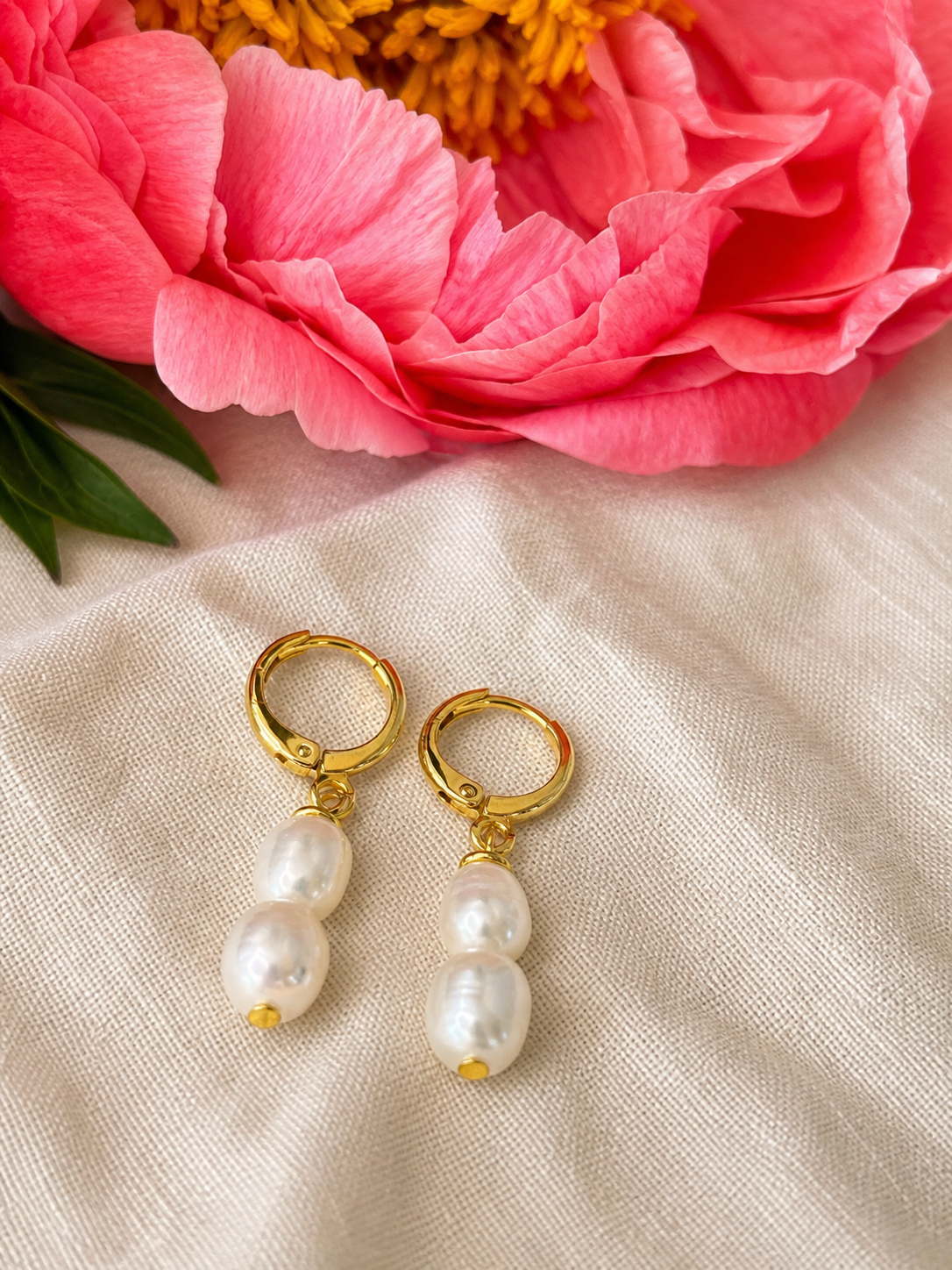 14K Gold plated double white Freshwater Pearl Ear Huggies