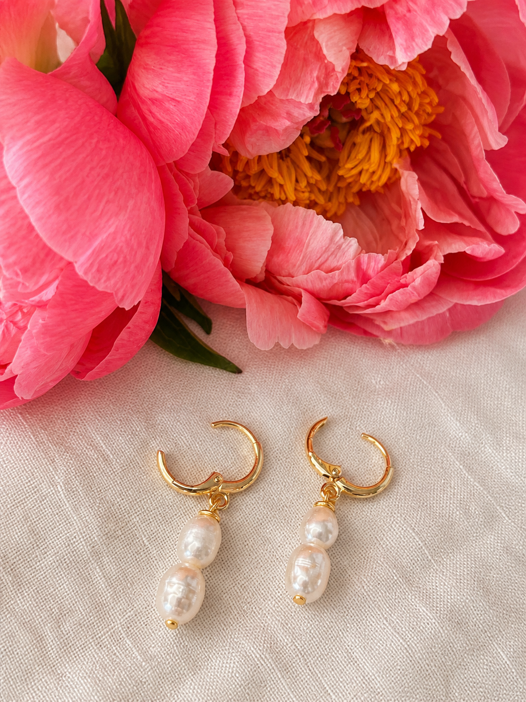 14K Gold plated double white Freshwater Pearl Ear Huggies