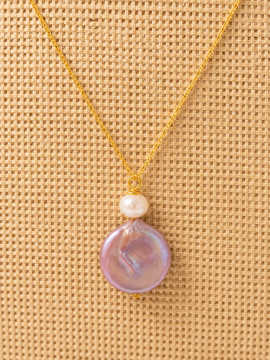 14K Gold Plated Pink Coin & White Seed Freshwater Pearl 18 inch necklace