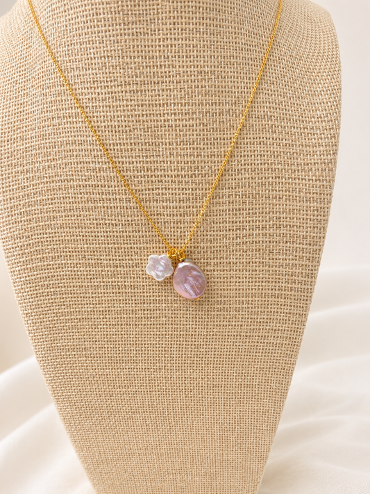 14K Gold Plated Pink Coin & White flower shaped freshwater pearl 18 inch necklace