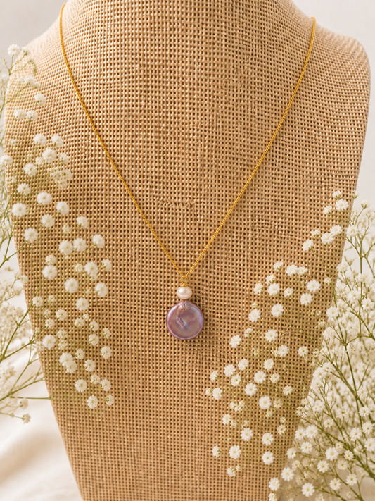 14K Gold Plated Pink Coin & White Seed Freshwater Pearl 18 inch necklace