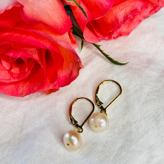 White Round 8mm Freshwater Pearl 14K Gold Filled Hallmarked Continental Earring