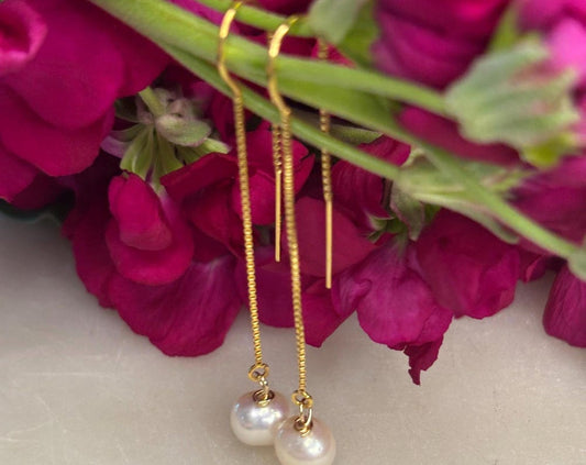 Gold filled ear thread chain white round freshwater pearl earring